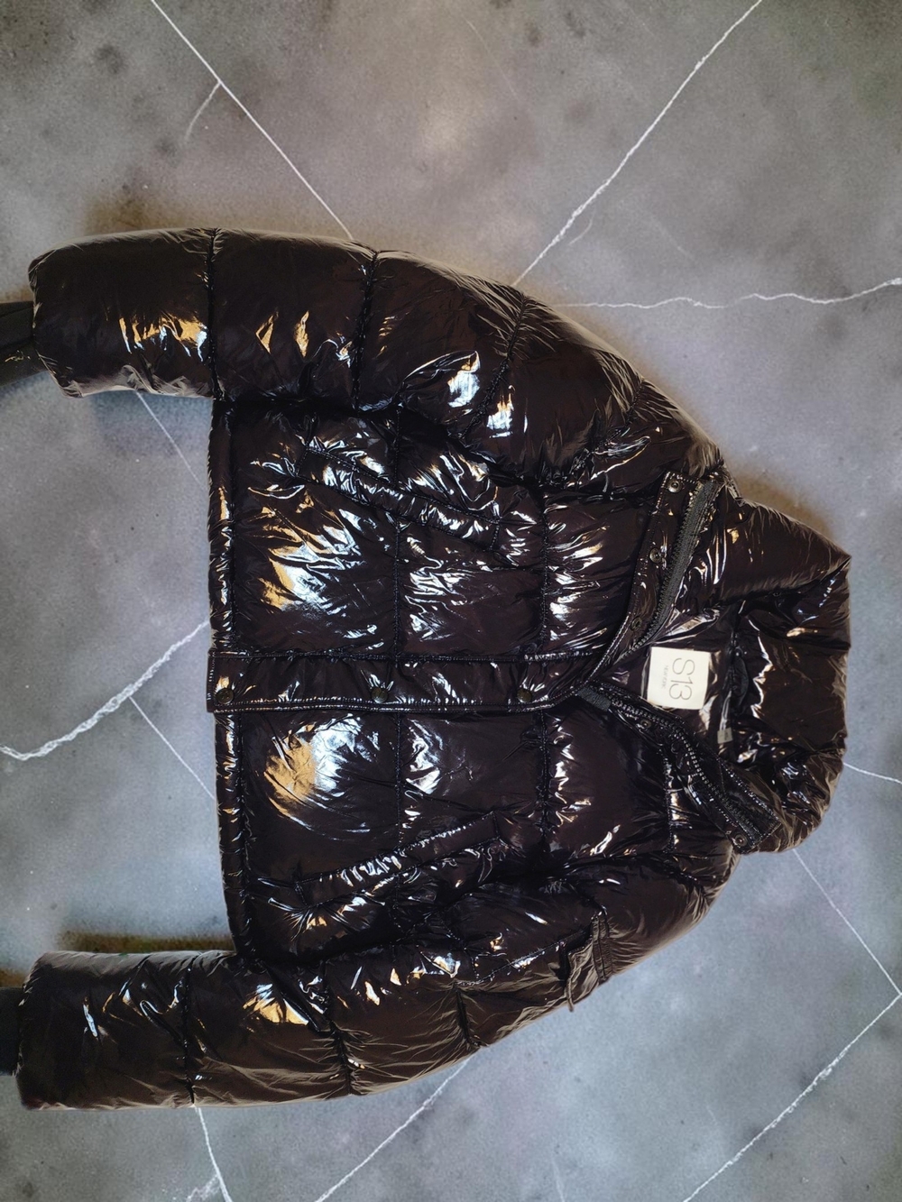 NWT S13 Women's Ella Hooded Thumbhole-Cuff Shine Puffer Coat - Black - Size L